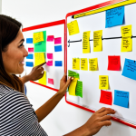 **

A whiteboard covered in colorful sticky notes, connected by lines, illustrating an "Impact Pathway." The notes are labeled with terms like "Activities," "Beneficiaries," "Results," and "Impact." People are gathered around the whiteboard, brainstorming. Focus on conveying collaboration and visual problem-solving. Style: Bright, modern, and collaborative.

**