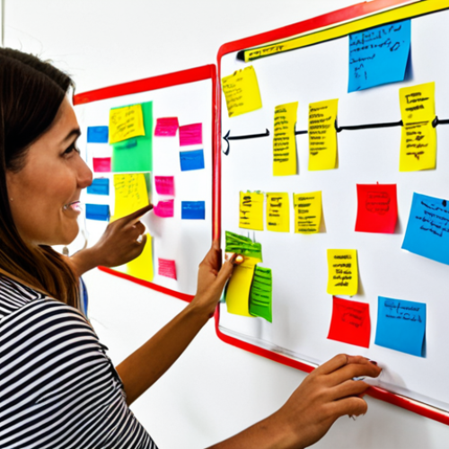 **

A whiteboard covered in colorful sticky notes, connected by lines, illustrating an "Impact Pathway." The notes are labeled with terms like "Activities," "Beneficiaries," "Results," and "Impact." People are gathered around the whiteboard, brainstorming. Focus on conveying collaboration and visual problem-solving. Style: Bright, modern, and collaborative.

**
