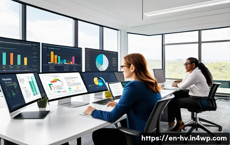 소셜 임팩트 측정의 활용 가능한 리소스 - A modern nonprofit office scene with a diverse team of professionals collaborating around a large to...