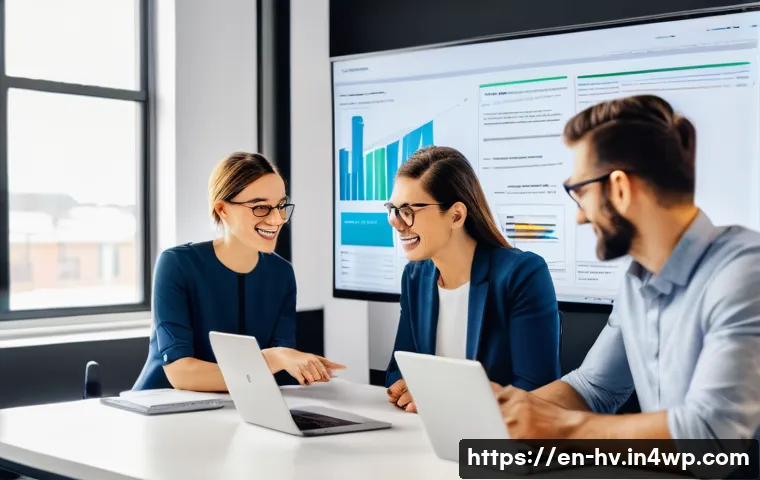 소셜 임팩트 측정의 커뮤니케이션 방법 - A professional workspace scene showing a diverse team of social impact communicators collaborating a...