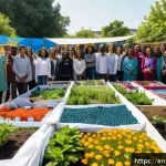 소셜 임팩트 측정에서의 지속 가능성 요소 - A vibrant community workshop scene set in a sunlit urban garden where diverse adults and teenagers, ...