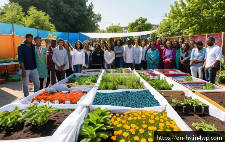 소셜 임팩트 측정에서의 지속 가능성 요소 - A vibrant community workshop scene set in a sunlit urban garden where diverse adults and teenagers, ...